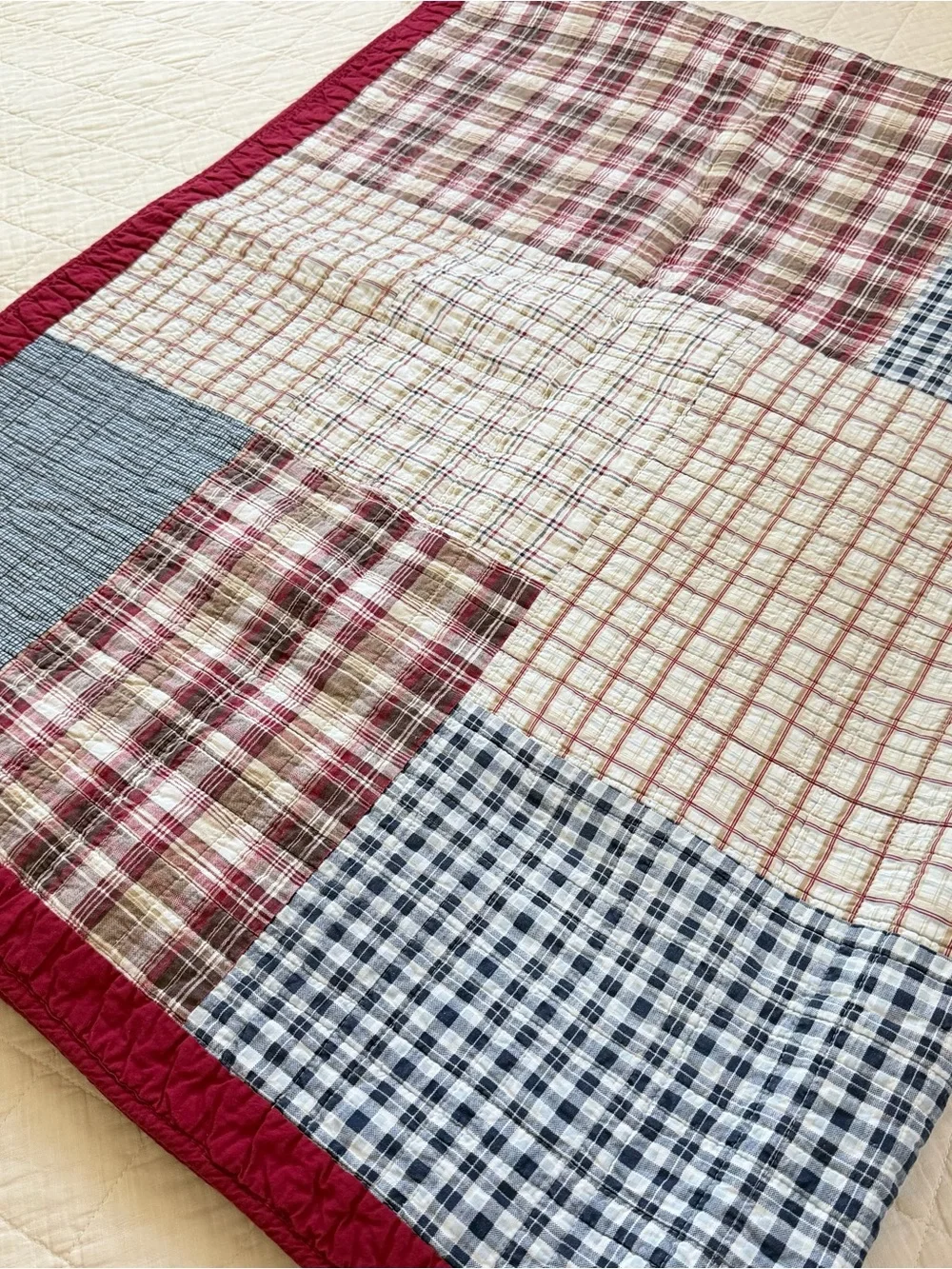 Cotton Patchwork Quilt  Twin 68” x 85” – Red Navy Plaid Gingham
